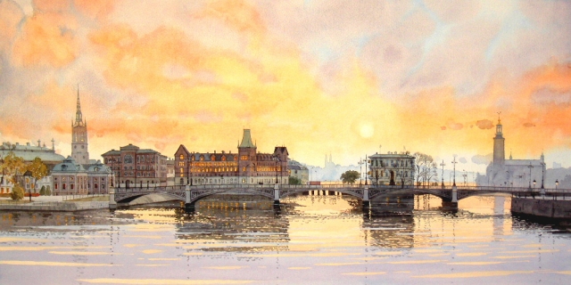 Reproducerad akvarell/giclée - Kvällssol över Riddarholmen och Stadshuset